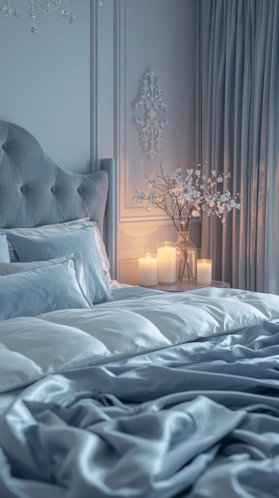 Ice blue bedroom, cozy and relaxing