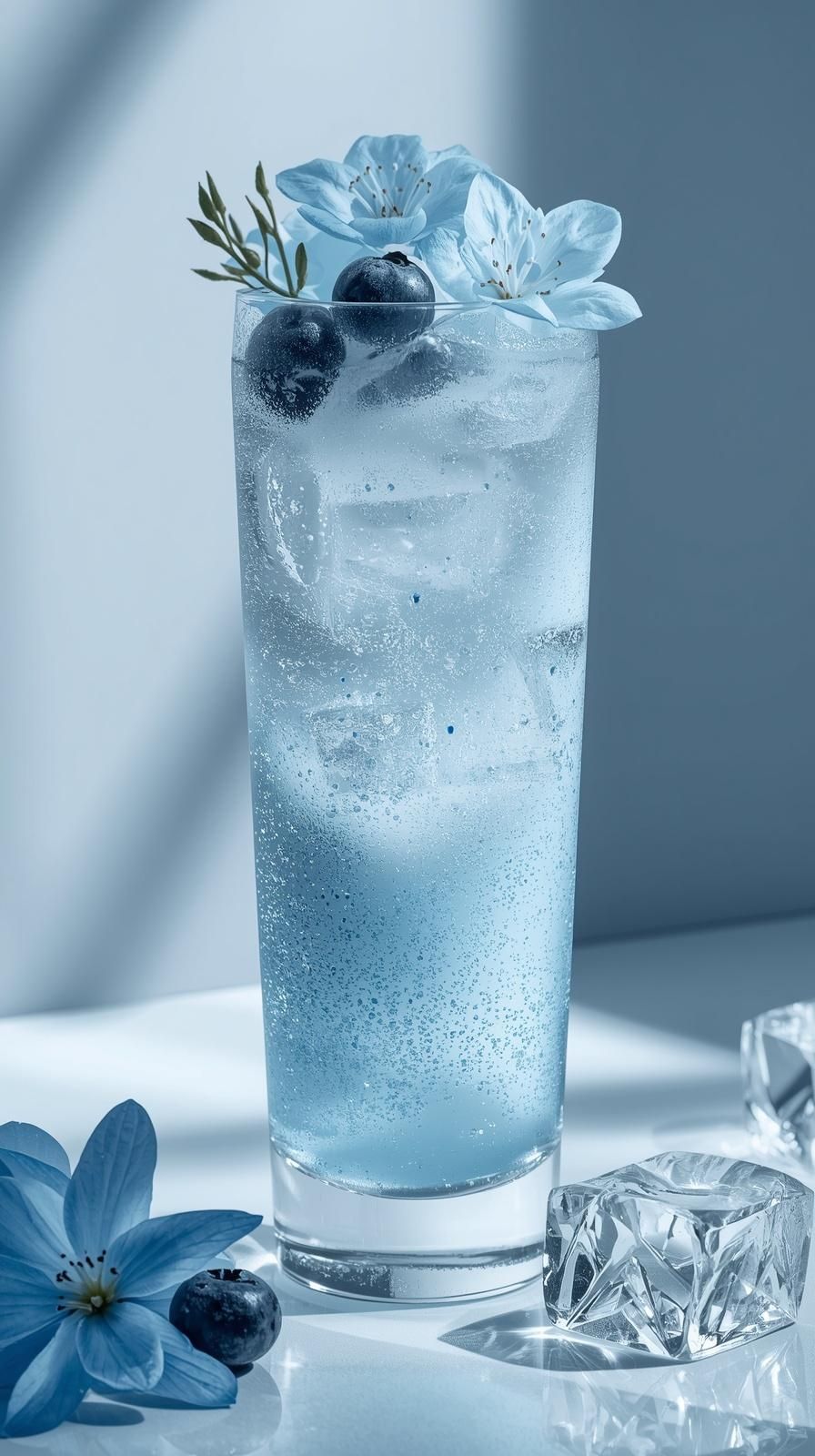 Ice Blue Sparkling Mocktail with Blueberries and flowers