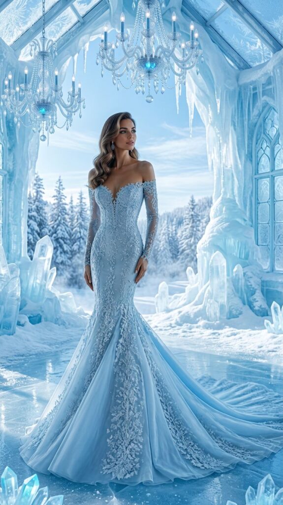 Ice blue bridal dress fo a winter wedding