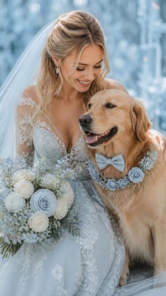 Ice blue bride with wedding dog