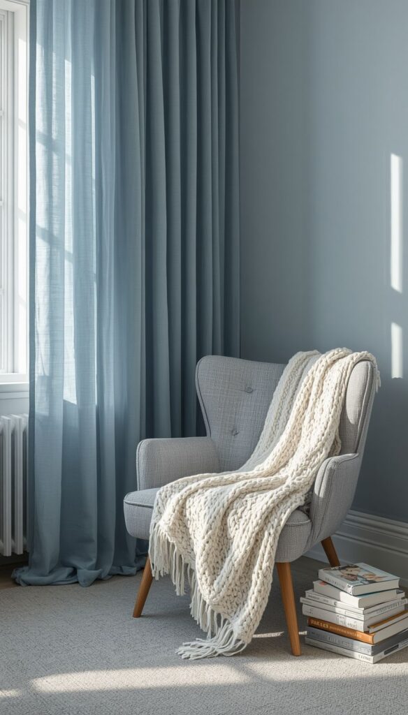 Ice Blue Curtains in Reading Corner