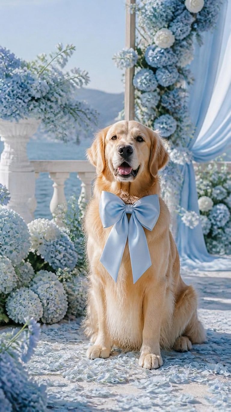 Dog with ice blue wedding bow