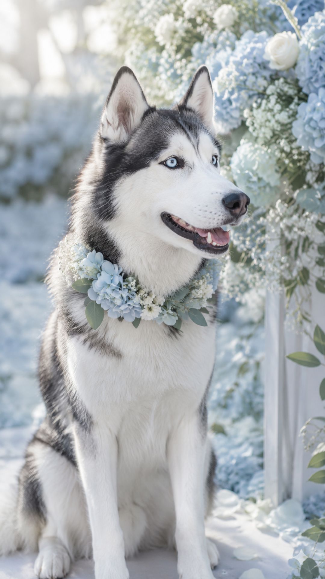 Huskie with ice blue floral collar