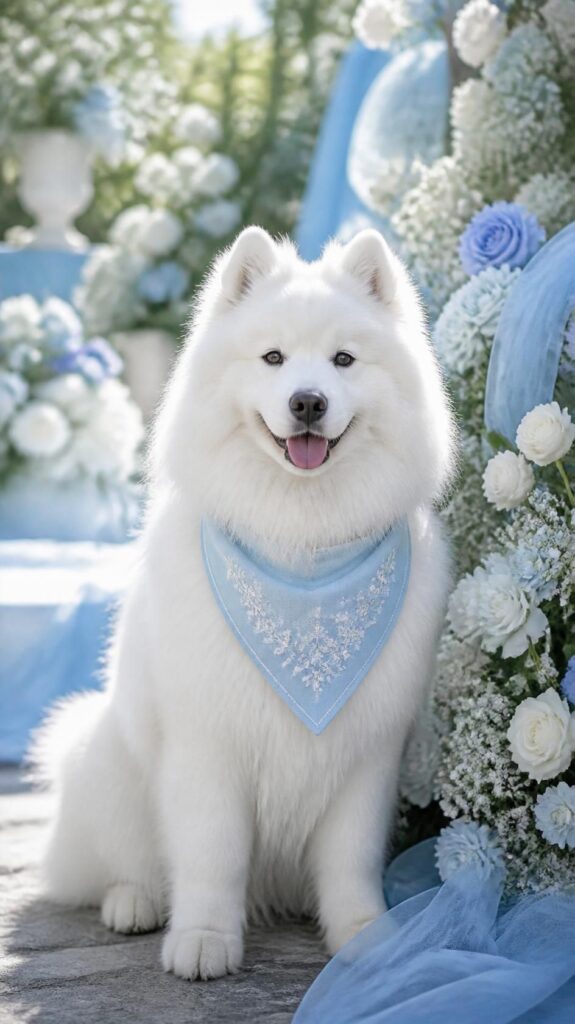 Wedding Samoyed with ice blue bandana